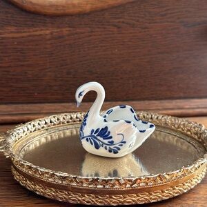 Vintage Hand painted Blue and White Porcelain Swan Figurine